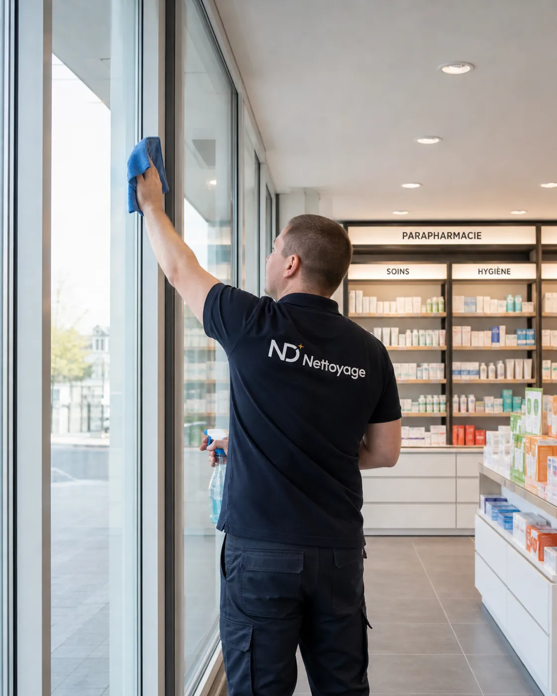 Nathan nettoyant les vitres d'une pharmacie